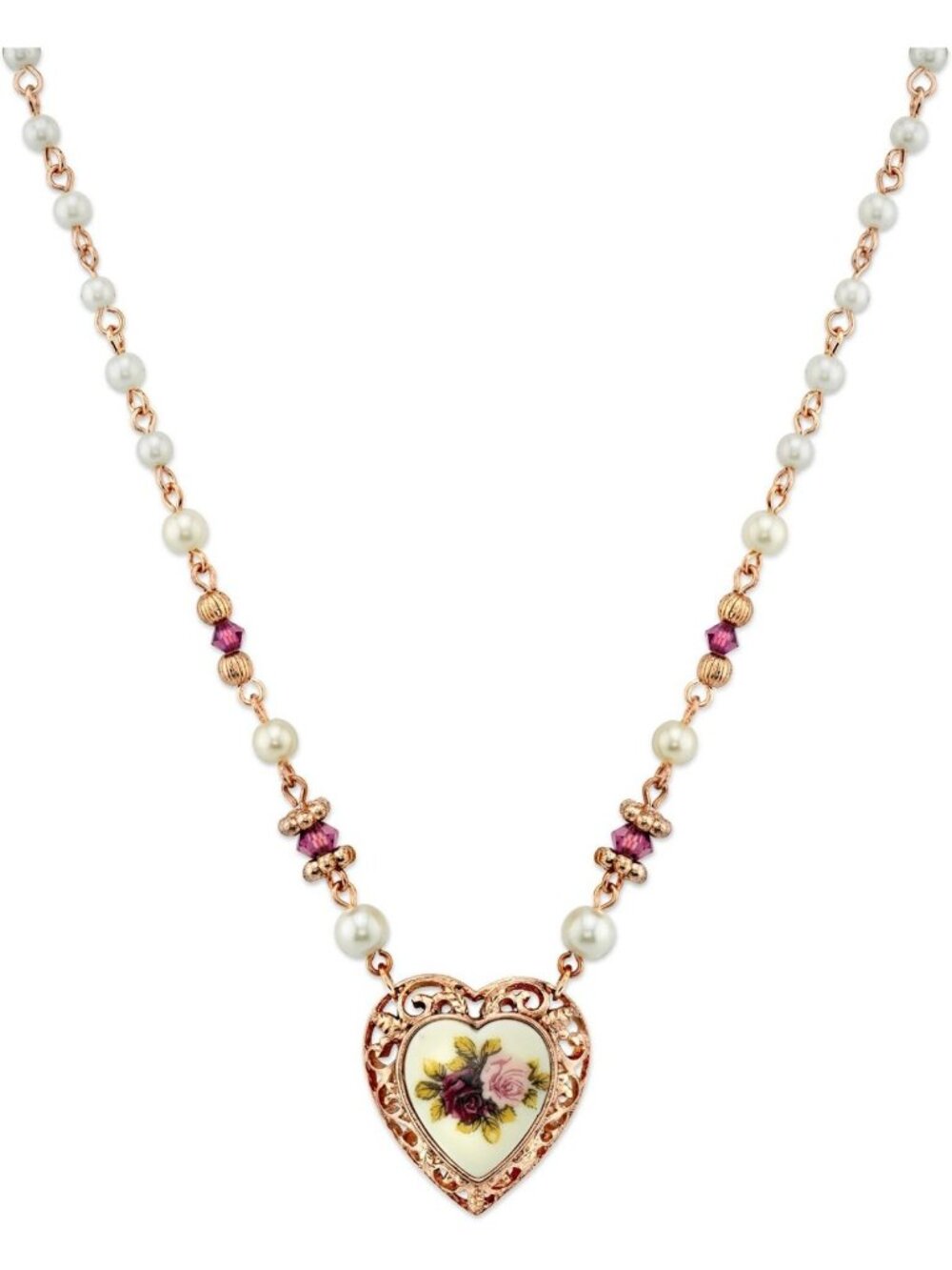 Vintage Inspired Faux Pearl Heart Pendant Necklace with Purple Flowers, 15" + 3